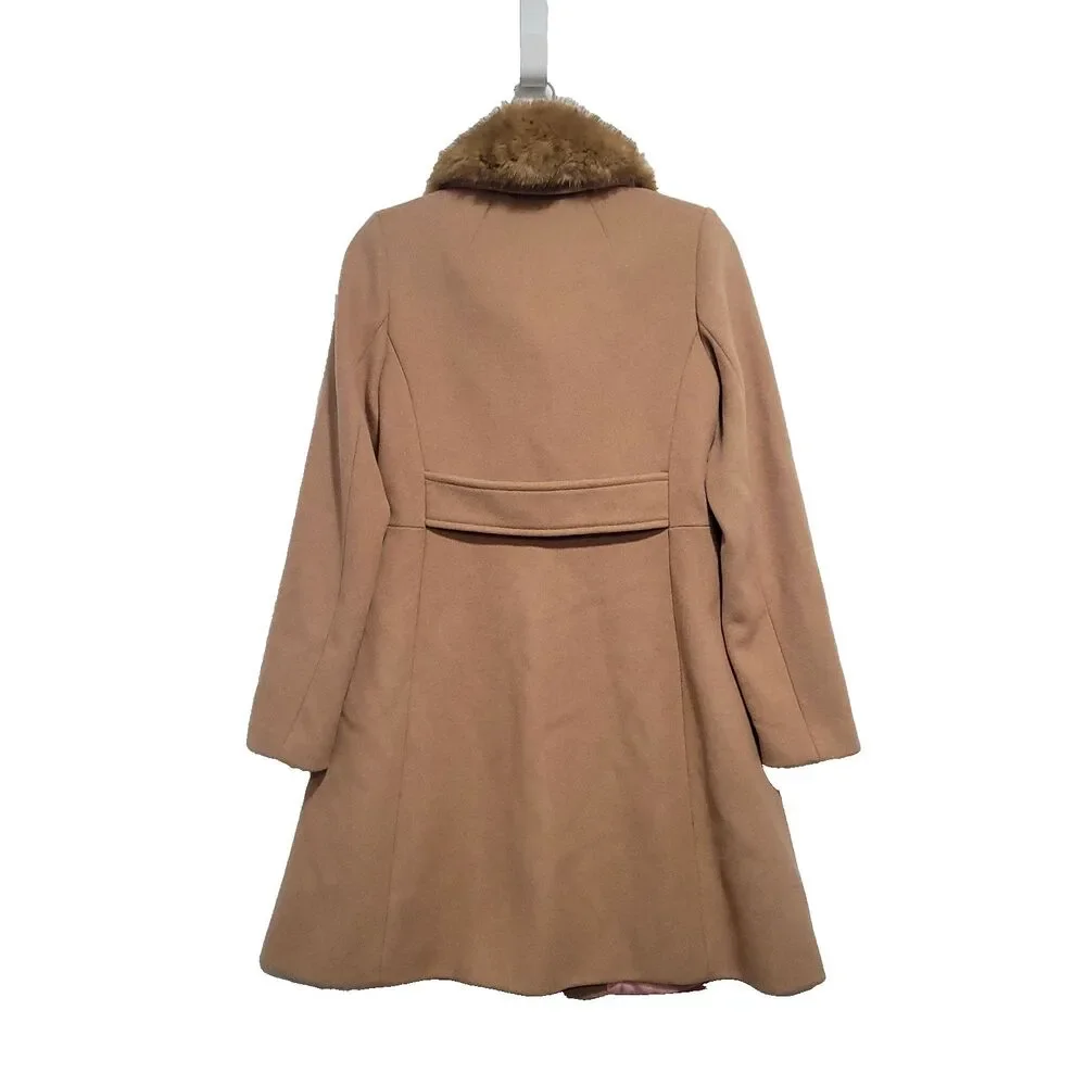 Faux Fur Wool Pea coat Kate Spade‎ XS Tan Pink Satin Lined Preppy mod chic